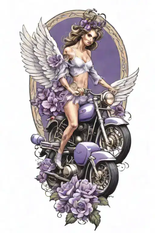A heavenly angel holding a purple flower, with a subtle motorcycle silhouette in the background tattoo design idea
