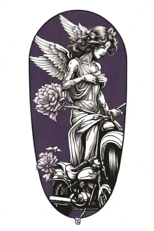 A heavenly angel holding a purple flower, with a subtle motorcycle silhouette in the background tattoo design idea
