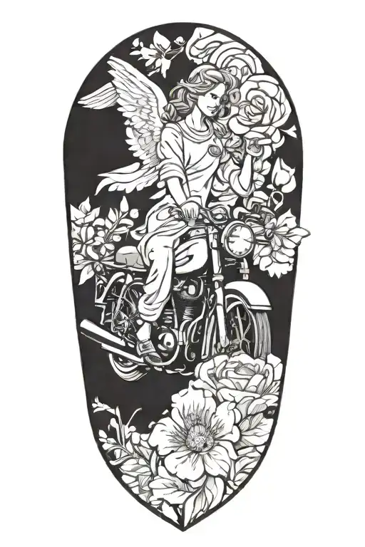 A heavenly angel holding a flower, with a subtle motorcycle silhouette in the background tattoo design idea