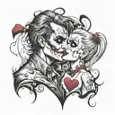 A tattoo of a broken heart with The Joker and Harley Quinn embracing each other, representing the duality of love and pain tattoo design idea