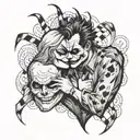 A tattoo of a broken heart with The Joker and Harley Quinn embracing each other, representing the duality of love and pain tattoo design idea