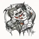 A tattoo of a broken heart with The Joker and Harley Quinn embracing each other, representing the duality of love and pain tattoo design idea