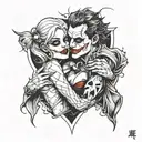A tattoo of a broken heart with The Joker and Harley Quinn embracing each other, representing the duality of love and pain tattoo design idea