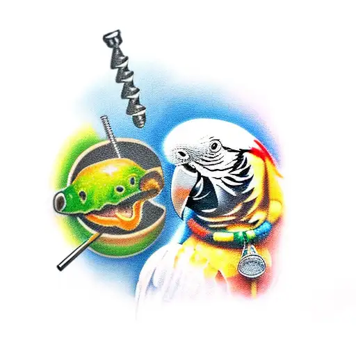 A realistic tattoo of a parrot perched on a guitar neck, with a cheeseburger and a screw incorporated into the design, symbolizing the client's love for Jimmy Buffett and their occupation as a teacher. tattoo design idea