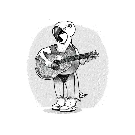 A new-school tattoo design showcasing a parrot wearing flip flops and playing a guitar, with a cheeseburger in the background and a pirate flag waving. tattoo design idea