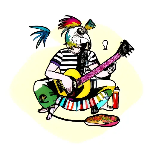 A new-school tattoo design showcasing a parrot wearing flip flops and playing a guitar, with a cheeseburger in the background and a pirate flag waving. tattoo design idea