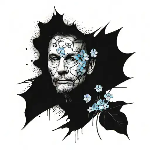 oldman blurry face, slow shutter effect, with minimal forget-me-not-flower tattoo design idea