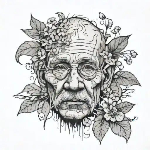 oldman blurry face, with forget me not flower  tattoo design idea