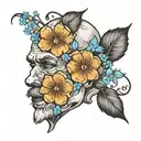 oldman blurry face, with forget me not flower  tattoo design idea