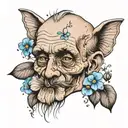 oldman blurry face, with forget me not flower  tattoo design idea