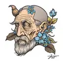 oldman blurry face, with forget me not flower  tattoo design idea
