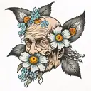 oldman blurry face, with forget me not flower  tattoo design idea