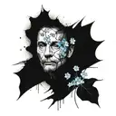 oldman blurry face, slow shutter effect, with minimal forget-me-not-flower tattoo design idea