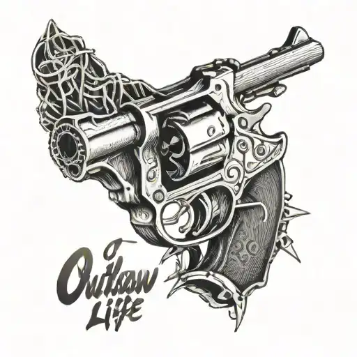 A vintage revolver wrapped in barbed wire with the words 'Outlaw for Life' incorporated into the design tattoo design idea
