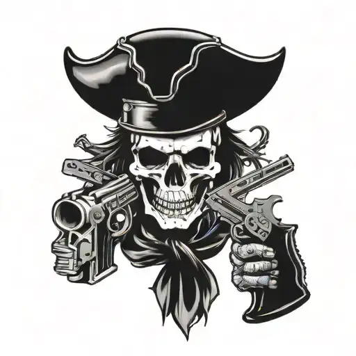 A series of blackwork tattoos depicting different infamous outlaw symbols like a skull and crossbones, a black hat, and a pair of crossed pistols tattoo design idea