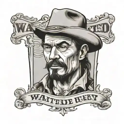 A wanted poster with a portrait of the client as a wanted outlaw, with a reward amount and a list of crimes committed tattoo design idea