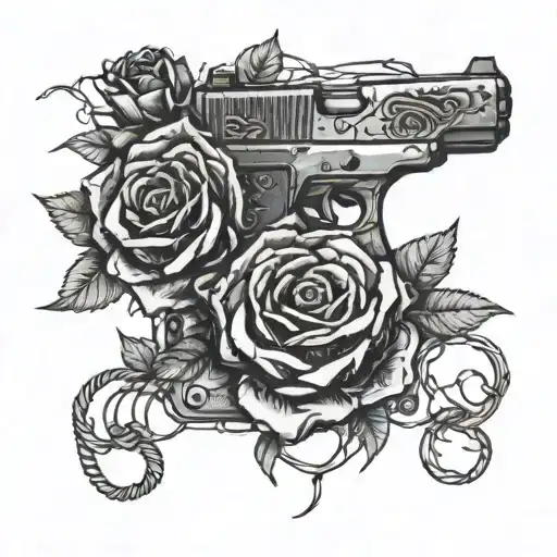 A glock 19 surrounded by black roses and barbed wire tattoo design idea