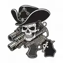 A series of blackwork tattoos depicting different infamous outlaw symbols like a skull and crossbones, a black hat, and a pair of crossed pistols tattoo design idea