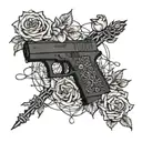 A glock 19 surrounded by black roses and barbed wire tattoo design idea