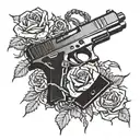 A glock 19 surrounded by black roses and barbed wire tattoo design idea
