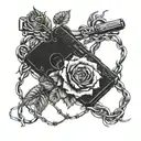 A glock 19 surrounded by black roses and barbed wire tattoo design idea