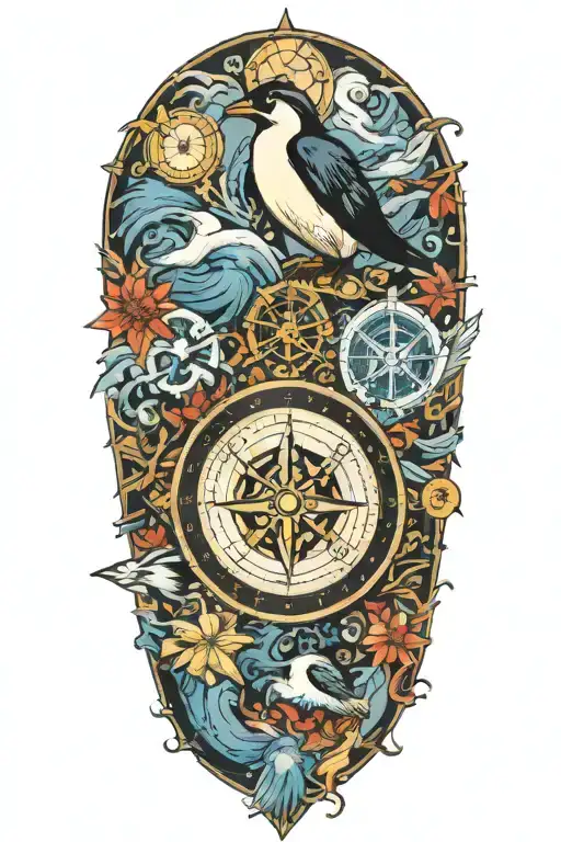 Nautical compass with scuba diver surrounded by ocean life including an emperor penguin  tattoo design idea