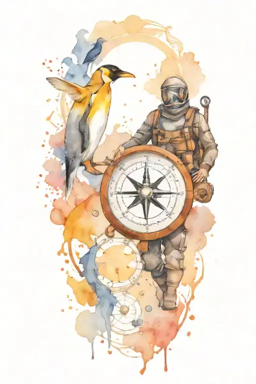 compass with scuba diver and king penguin  tattoo design idea