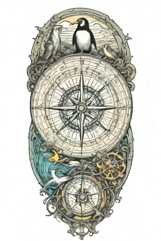 Nautical compass with scuba diver surrounded by ocean life including an emperor penguin  tattoo design idea