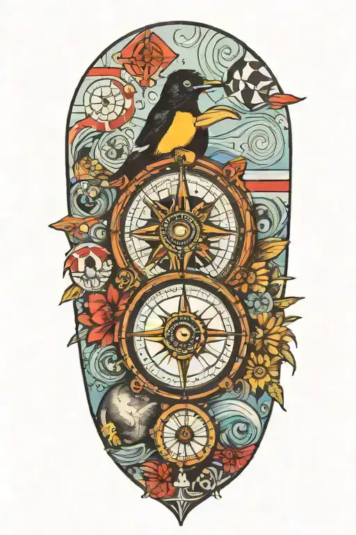 compass with modern  scuba flag and king penguin  tattoo design idea
