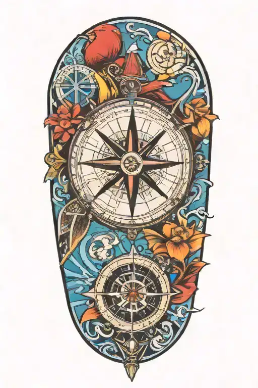 compass with modern  scuba flag and king penguin  tattoo design idea