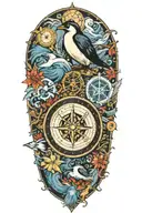 Nautical compass with scuba diver surrounded by ocean life including an emperor penguin  tattoo design idea