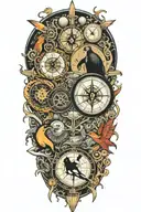 Nautical compass with scuba diver surrounded by ocean life including an emperor penguin  tattoo design idea