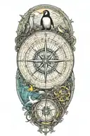 Nautical compass with scuba diver surrounded by ocean life including an emperor penguin  tattoo design idea
