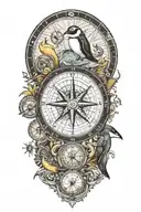 Nautical compass with scuba diver surrounded by ocean life including an emperor penguin  tattoo design idea