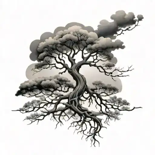 tree with just branches and roots with stormy background  tattoo design idea