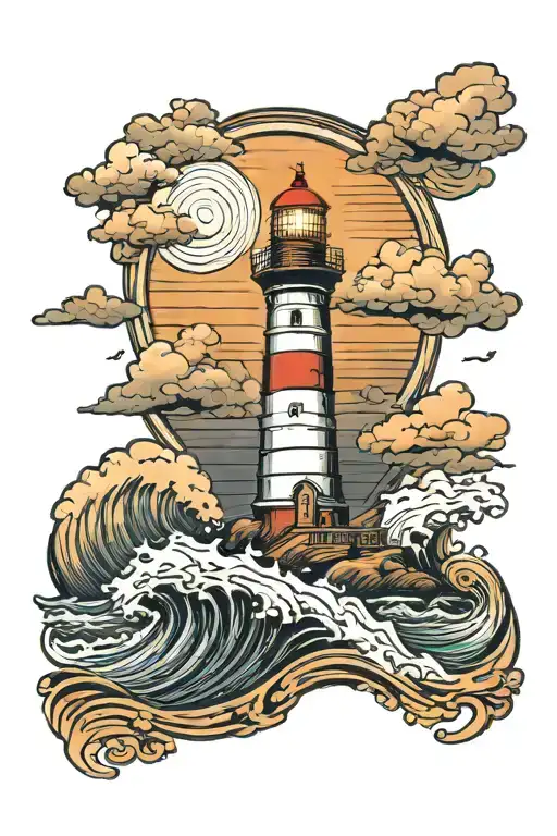 light house with waves crashing into it shinning through storm clouds to a calm beach  tattoo design idea