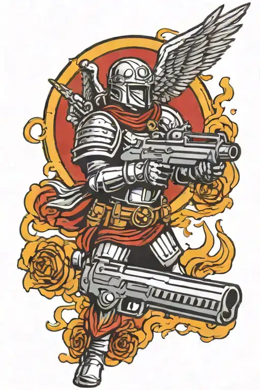 Design me a half sleeve tattoo of Saint Michael shooting glock 22’s in the style of the cover of the video game DOOM  tattoo design idea