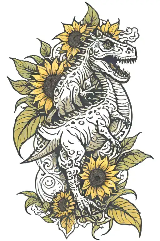 sunflower and dinosaur  tattoo design idea