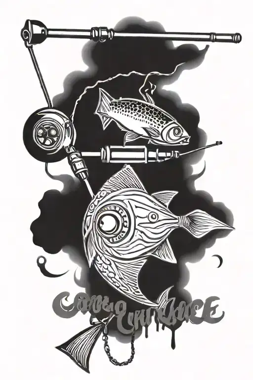 A detailed blackwork tattoo of a fishing rod and reel intertwined with smoke rising from a barbecue pit, symbolizing the client's love for fishing and smoking meat tattoo design idea