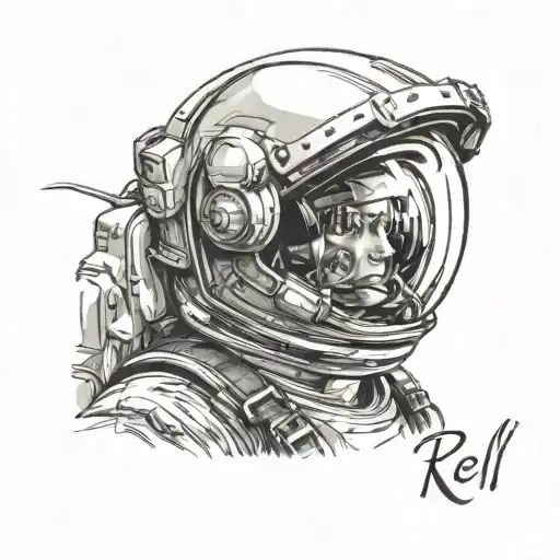 astronaut helment with golf course reflection in visor. astronaut has name tag initials of "R.E.L" tattoo design idea