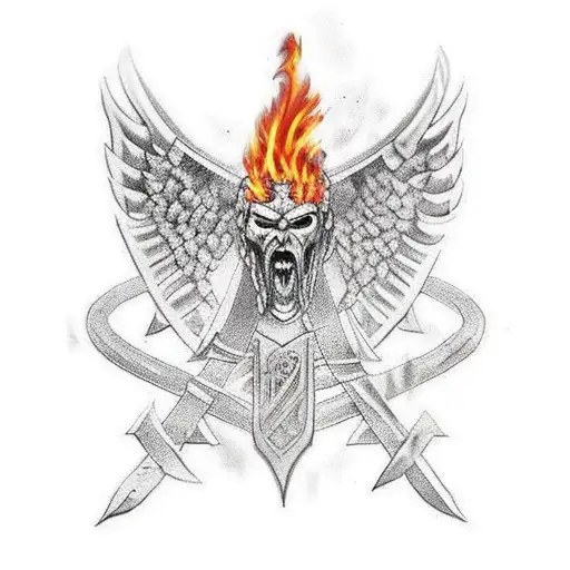 Shoulder armor with flaming sword and greek word for warrior tattoo design idea
