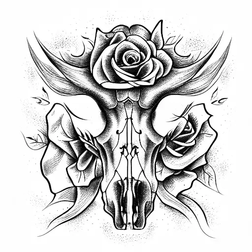 horse skull with roses tattoo design idea