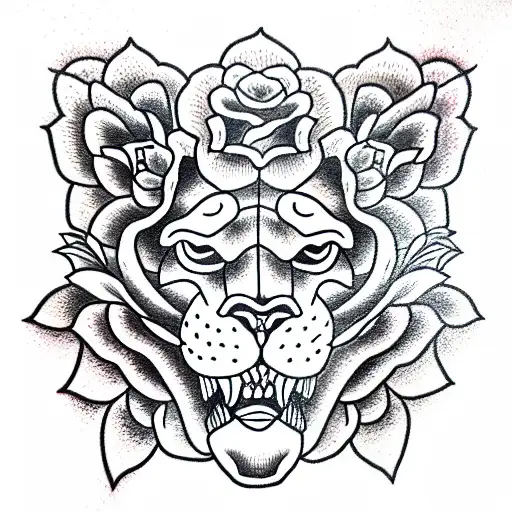 lioness with red roses tattoo design idea