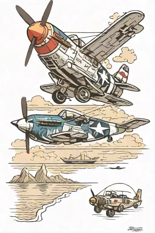 p51 mustang flying over a beach with a man fishing for stripe bass  tattoo design idea