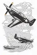 p51 mustang fighter plane flying above a man on the beach fishing for stripe bass with a 1990s Chevy surburbon  tattoo design idea