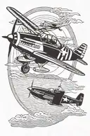 p51 mustang fighter plane flying above a man on the beach fishing for stripe bass with a 1990s Chevy surburbon  tattoo design idea