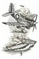 p51 mustang flying over a beach with a man fishing for stripe bass  tattoo design idea