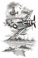 p51 mustang flying over a beach with a man fishing for stripe bass  tattoo design idea