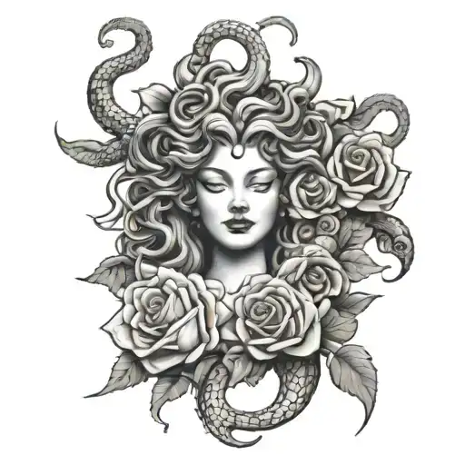 Medusa with snakes for hair  and roses tattoo design idea