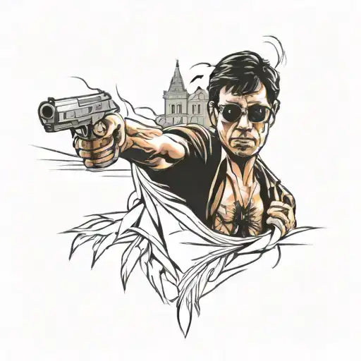 A tattoo inspired by the movie Scarface, incorporating elements of motivation and success tattoo design idea